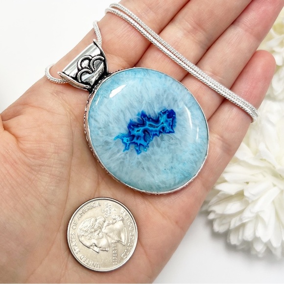 Large SOLAR AGATE Pendant. Sterling Silver 925 Blue Oval Vintage New - Picture 3 of 5
